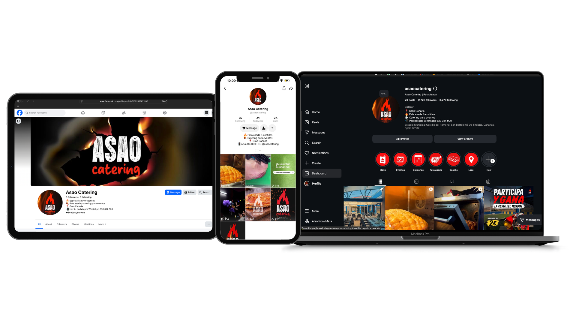 Mockups de las redes sociales de ASAO Catering en Facebook e Instagram